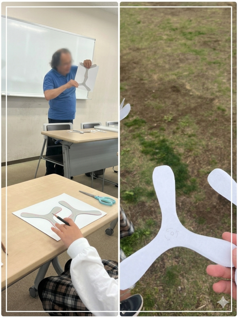 ころぽっくるの工作体験でブーメランを作る様子