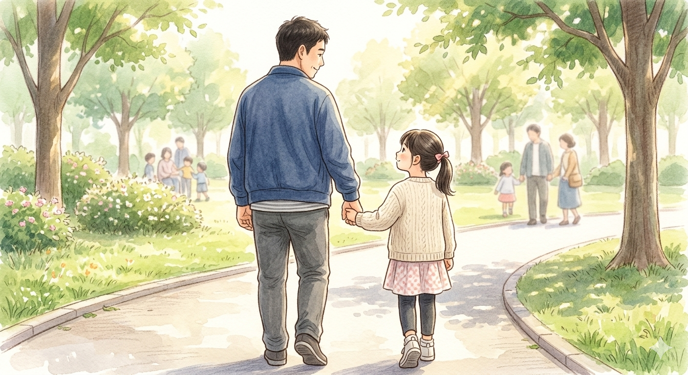 娘とパパが手をつないで歩くイラスト